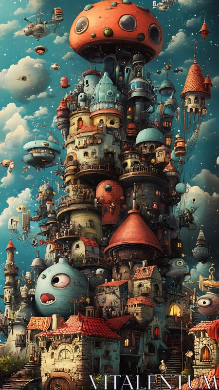 Curious skyward city of floating towers and playful orbs.