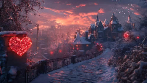 Snowy town path with glowing red heart lights at dusk.