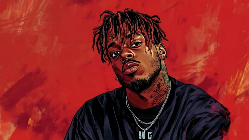 Bold digital portrait against intense red painted backdrop.