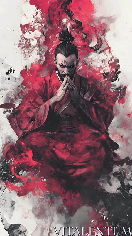 Meditating war-mage wrapped in crimson smoke and fury.