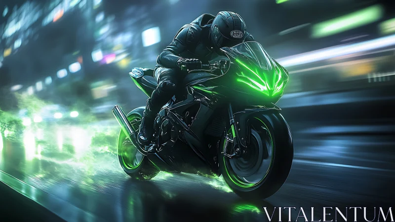 Motorcyclist rides neon-lit sport bike on wet night street