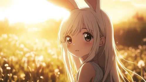 Anime bunny girl in golden sunset meadow portrait.