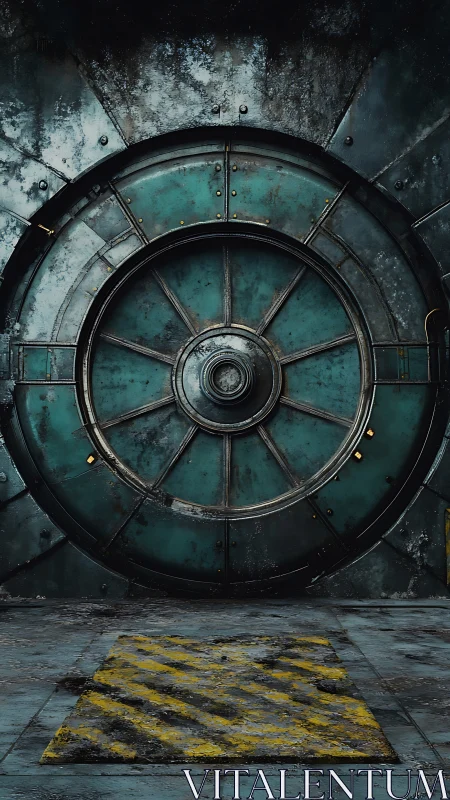 Industrial blast vault door with corroded teal steel plating
