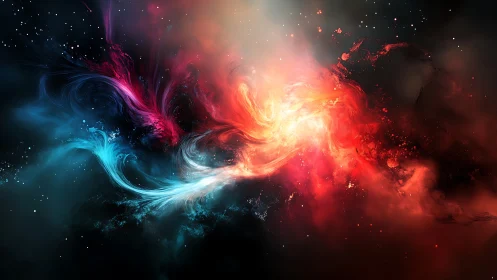 Nebular energy collision rendered in high-contrast cosmic hues