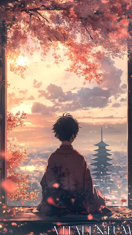 Twilight meditation beneath drifting cherry blossoms in Kyoto.