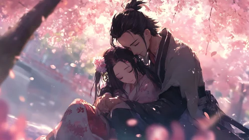 Samurai couple resting beneath soft pink cherry blossoms.
