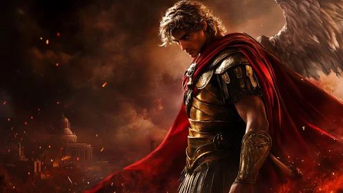 Winged warrior in burning sky pauses between rage and grace.