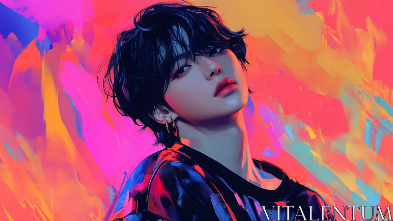 Neon-lit portrait with iridescent strokes and vivid gradient glow.