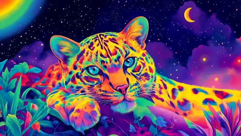 Luminescent Jaguar Under Starlit Sky with Rainbow.