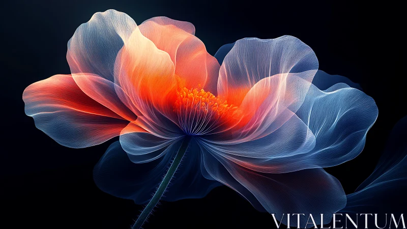 Glowing translucent flower unfolds in dark minimal space