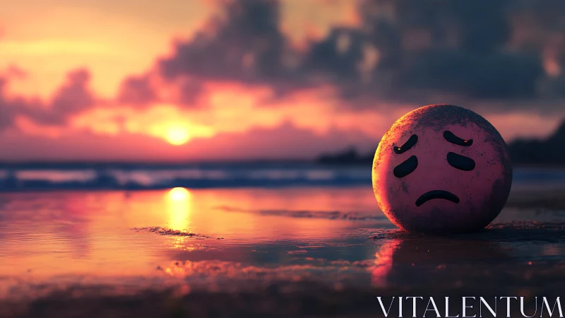 Sad emoji ball on wet beach under dramatic sunset sky.