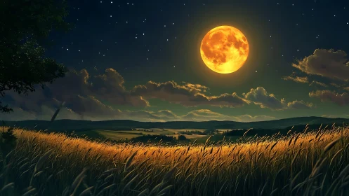 Harvest moon ignites a sweeping golden field at midnight.