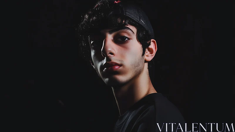 Young man in low key cap portrait with side lighting.