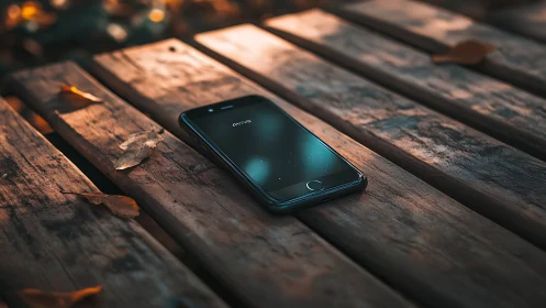 Smartphone rests on weathered wooden planks in golden sunlight.