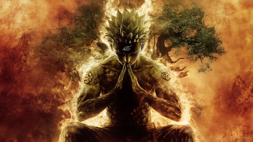 Fiery meditating ninja figure in glowing forest aura.