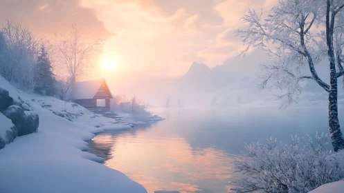 Snow-covered lakeshore with cabin under diffuse winter sun