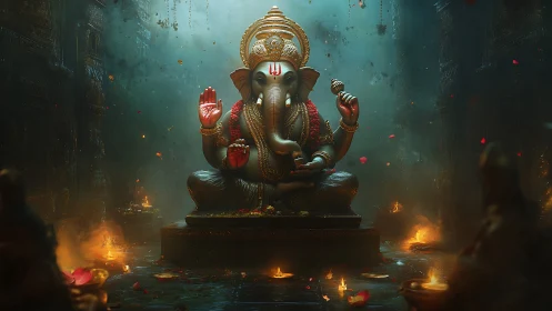 Ganesh statue in dim temple with glowing ritual lamps.