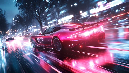 Red sports car speeds through neon city in heavy rain.