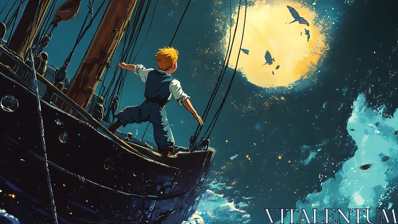 Young sailor confronts luminous moon over turbulent sea