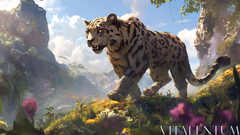Large Spotted Leopard in Misty Mountain Valley Landscape