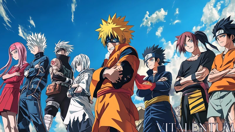 Dynamic anime ninja lineup under high-contrast daylight sky