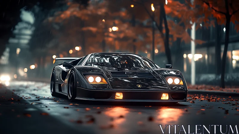 Black supercar idles under rain on autumn city street