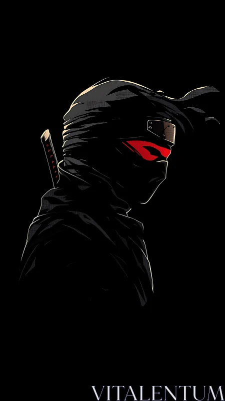 Stealth ninja profile with red visor on black field.