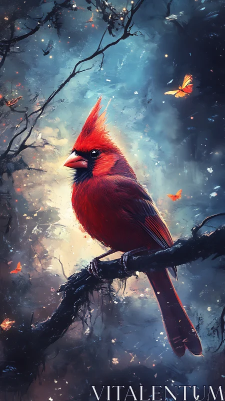 Crimson cardinal glows in twilight forest with drifting sparks.