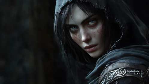 Hooded rogue portrait with scarred face and detailed leather armor