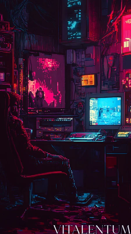 Neon hacker&rsquo;s den immersed in glitchy cyberpunk glow.