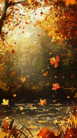 Autumn maple leaves drifting above reflective forest pond.