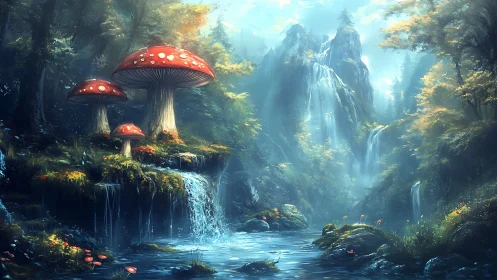 Luminescent forest river with giant amanita mushrooms and falls