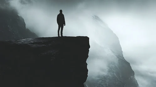 Silhouetted figure on cliff edge before mist-covered peaks.