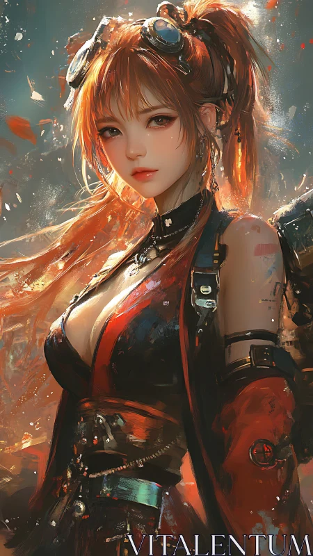 Steampunk warrior girl stands in glowing painterly haze