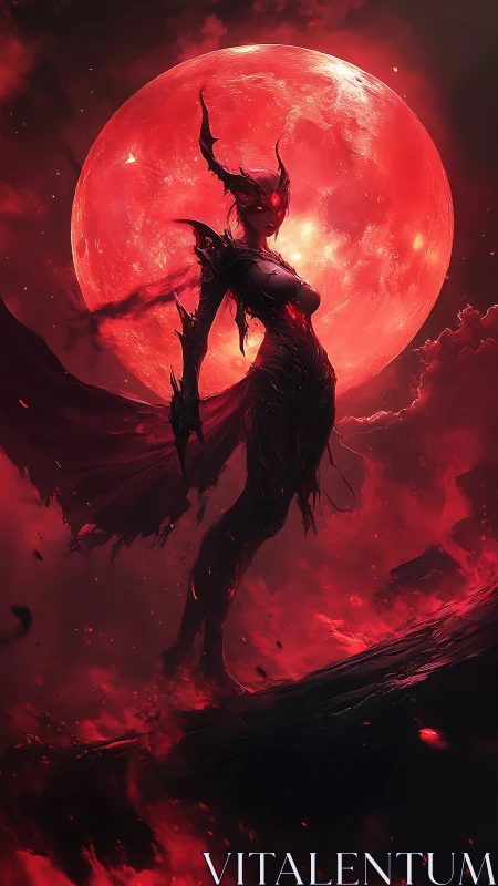 Demonic figure in silhouette before large red lunar disc.