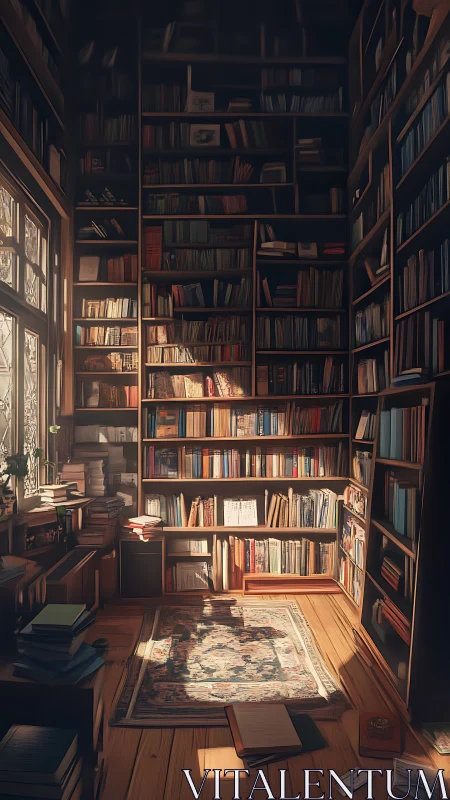 Sunlit private library corner glows with stacked books.