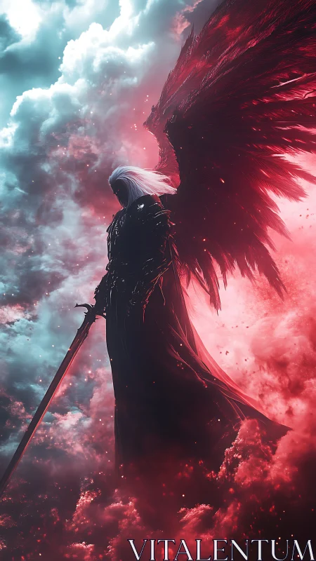 Dark-winged guardian rests between stormy red and blue skies.