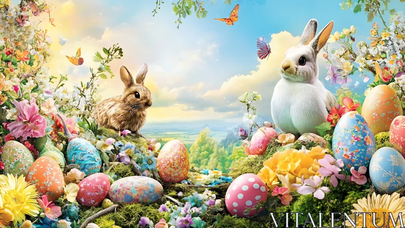 Easter meadow rabbits among painted eggs and blossoms.