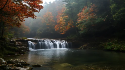 Small tiered waterfall in forested river during autumn dusk.