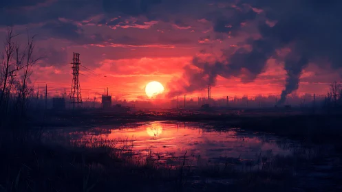 Industrial wetland sunset with reflective toxic skyline.
