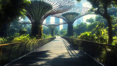 Elevated walkway through futuristic vertical garden structures.