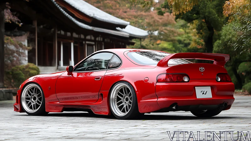 Red Toyota Supra stands lowered beside tranquil Japanese temple.