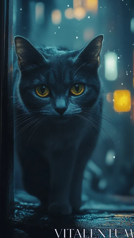 Black cat with yellow eyes stares directly from urban night setting.