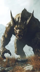 Mountain trail encounter with a towering fantasy beast.