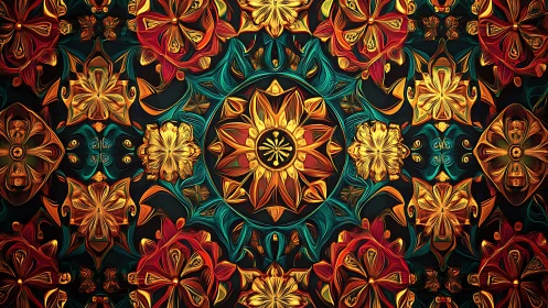 Symmetric luminous florals in dense radial tessellation field.