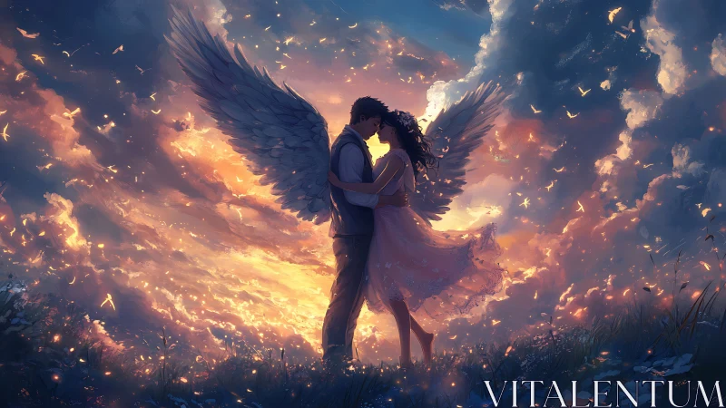 Winged couple embracing against illuminated clouded sky.