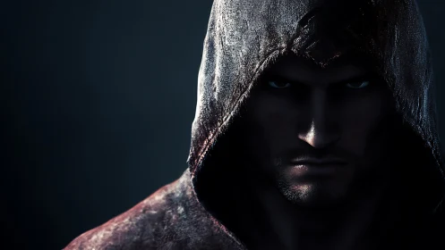 Brooding hooded sentinel locked in cinematic shadow.