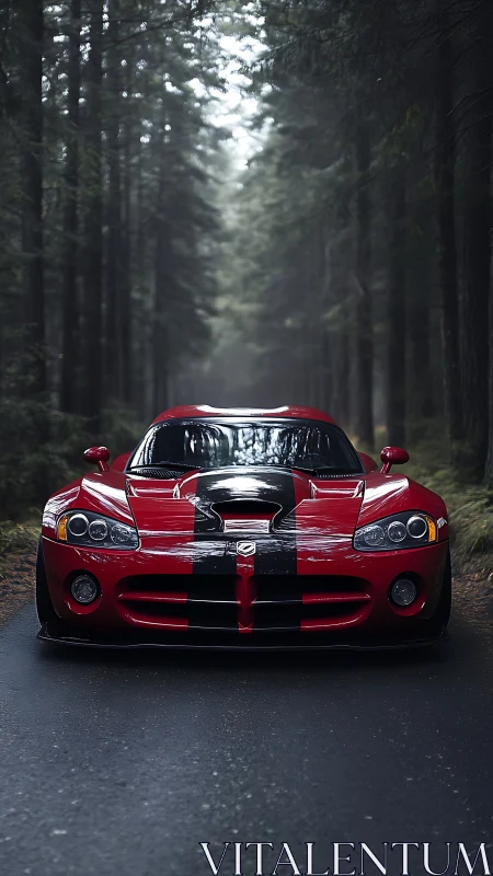 Low-slung red sports car with racing stripes on wet forest road