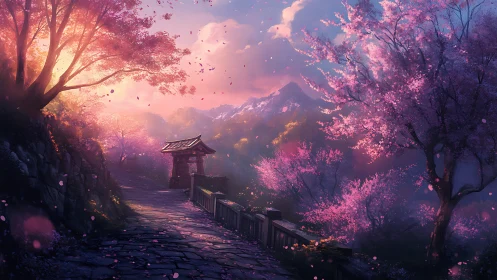 Cherry blossom mountain path at sunrise with gate view.