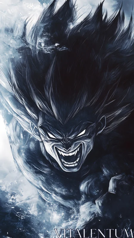 Fierce anime warrior racing forward in crackling blue energy.